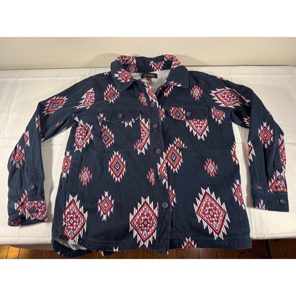 Shyanne Womens Navy Southwestern Print Shirt Jacket Shacket Small